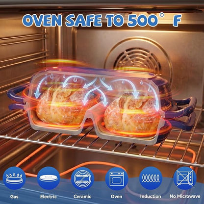 Double Dutch Oven Pot with Lid, Enameled Cast Iron Bread Loaf Pan, Dutch Oven For Sourdough Bread Baking, 500°F Oven Safe Non Stick Dual Round Bread Pan, 16.5cm Diameter Loaf Pans, Blue