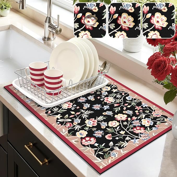 LOKHOM Floral Dish Drying Mat, 12"x20" Super Absorbent Non-slip Bordered Coffee Mat with Oil Painting Black Floral, Cuttable Hide Stain Drying Mat for Kitchen Counter Coffee Maker Espresso Machine by LOKHOM
