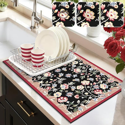 LOKHOM Floral Dish Drying Mat, 12"x20" Super Absorbent Non-slip Bordered Coffee Mat with Oil Painting Black Floral, Cuttable Hide Stain Drying Mat for Kitchen Counter Coffee Maker Espresso Machine by LOKHOM