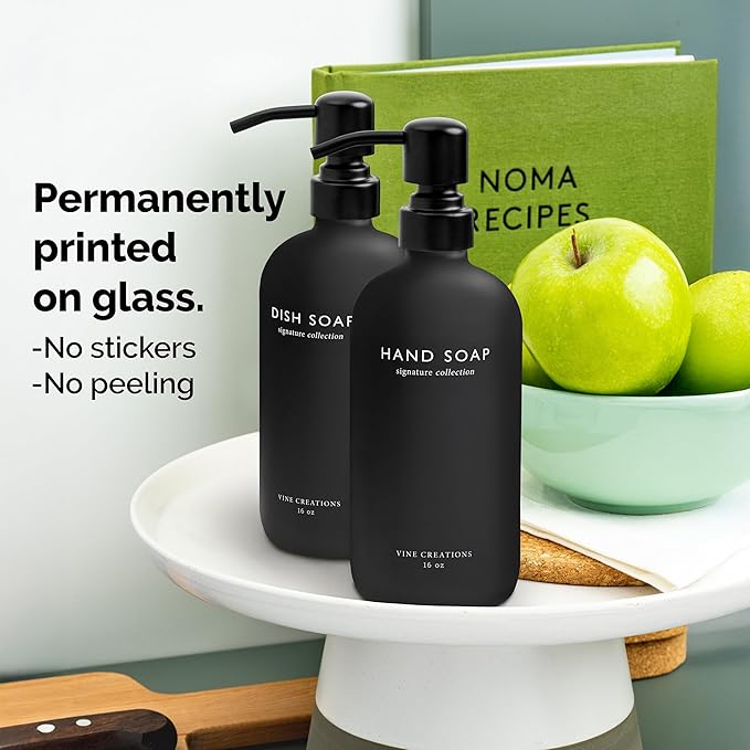 Vine Creations Black Glass Soap Dispenser Set, Dish Soap and Hand Soap Dispenser Set with Stainless Steel Pump, 16 oz Glass Dispensers for Kitchen Bathroom Decor (Matte Black Bottle/Matte Black Pump) - Image 3