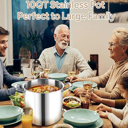 LIANYU 10 Quart Pot with Lid, 10QT Tri-Ply Heavy Duty Stock Pot, 18/10 Stainless Steel Stockpot, Canning Pasta Cooking Stockpot for Induction, Gas&Electric Cooktops, Visible Lid