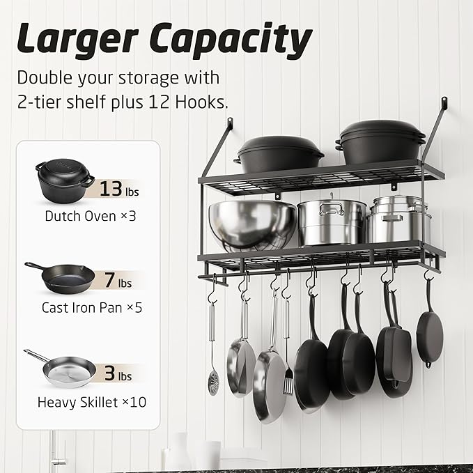 KES 30-Inch Kitchen Pot Rack - Mounted Hanging Rack for Kitchen Storage and Organization - Matte Black 2-Tier Wall Shelf with Guard Rail for Pots and Pans Organizer with 12 Hooks - KUR215S75B-BK - Image 2