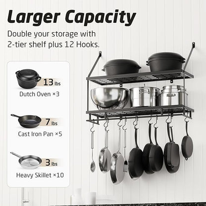 KES 30-Inch Kitchen Pot Rack - Mounted Hanging Rack for Kitchen Storage and Organization - Matte Black 2-Tier Wall Shelf with Guard Rail for Pots and Pans Organizer with 12 Hooks - KUR215S75B-BK - Image 2