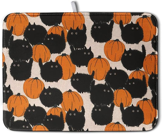 Happy Halloween Dish Drying Mat for Kitchen Counter 18x24 Inch Cute Pumpkin Black Cat Trick or Treat Drying Mats Large Microfiber Absorbent Dish Rack Pad for Coffee Bar Sinks Home Accessories by Kwlegh
