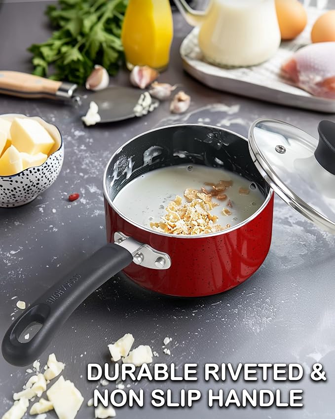 Cook N Home Non Stick Sauce Pan, 2 Quarts Saucepan with Glass Lid, Nonstick Small Multi-purpose Pot, Milk Chocolate Aluminum Cooking Pot Pan with Stay-Cool Handle, Marble Red - Image 4
