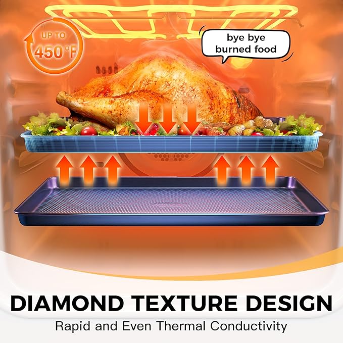 HONGBAKE 9-Piece Baking Pans Set Nonstick, Stackable Non Toxic Bakeware Sets with Diamond Texture, Oven Pan Set for Cooking, Includes Cookie Sheet with Rack, Cake Pan, Roasting Pan, Muffin Tin, Blue - Image 9