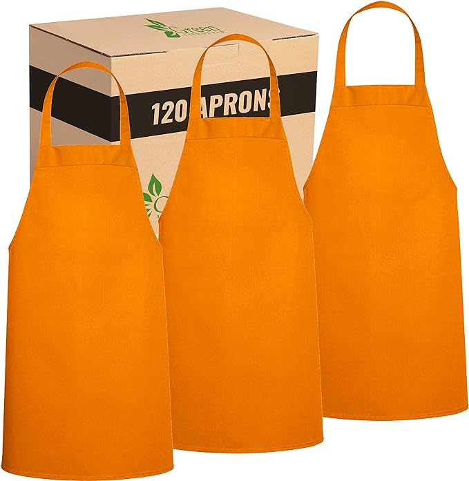 GREEN LIFESTYLE 120 Pack Professional Chef Apron – Grilling Aprons for Men, Waterproof Cooking Apron for BBQ, Work or Restaurant Use, Kitchen Aprons for Women – Orange, No Pockets by GreenLifeStyle