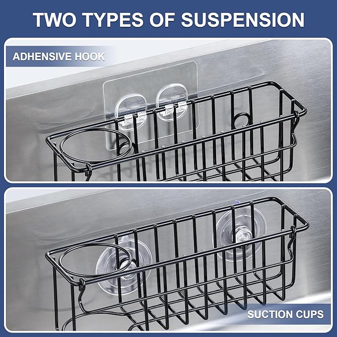 3-In-1 Sponge Holder for Kitchen Sink, 2 Type Suspension Options (Suction Cups & Adhesive Hook), Hanging Sink Caddy Organizer Rack - Sponge, Dish Cloth, Brush, Scrubber, 304 Stainless Steel - Black - Image 2