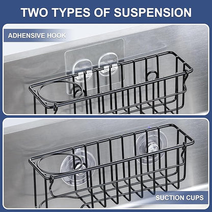 3-In-1 Sponge Holder for Kitchen Sink, 2 Type Suspension Options (Suction Cups & Adhesive Hook), Hanging Sink Caddy Organizer Rack - Sponge, Dish Cloth, Brush, Scrubber, 304 Stainless Steel - Black - Image 2