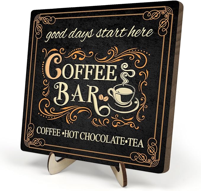Vintage Coffee Bar Decor Sign,Rustic Wooden Plaque for Java Station, Kitchen,Cafe or Tea Corner, Funny Jave Gift for Coffee Lovers (Black, 5.9x5.9inches) by DMADNF