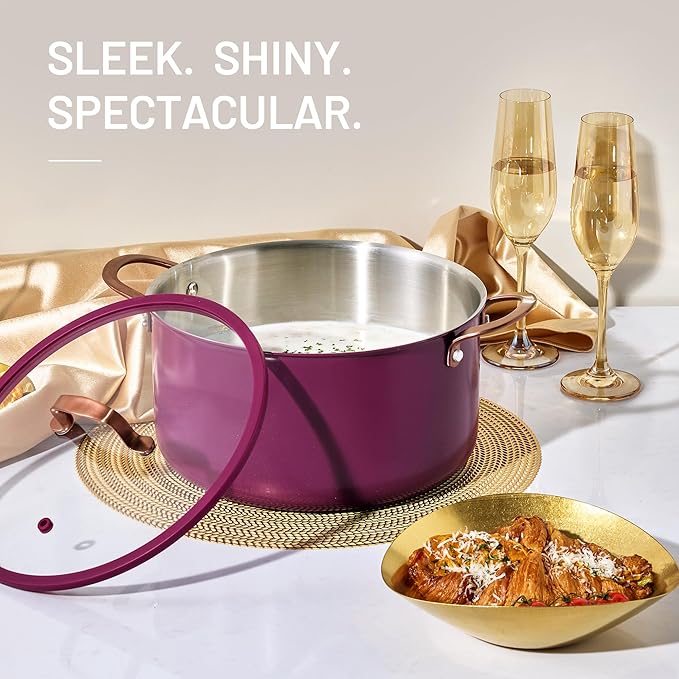 CAROTE 8QT Full Clad Tri Ply Stainless Steel Stock Pot with Lid, Kitchen Stockpot Soup Pot, Outer Ceramic Layer, Even Heating, All Stoves Compatible, Oven & Dishwasher Safe, Stay Cool Handle, Purple - Image 6
