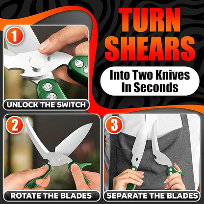 Heavy Duty Poultry Shears – Kitchen Shears Dishwasher Safe, Spring-Loaded, 3Cr14 Steel, Micro-Serrated, Separates for Easy Cleaning | Bone Scissors for Chicken, Turkey, Seafood & Fish Scale (Green)