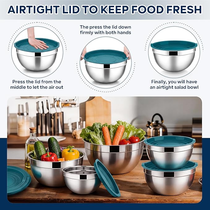 E-far Mixing Bowls With Lids Sets of 5, 10-Piece Stainless Steel Salad Metal Nesting Bowl for Baking Cooking and Prepping, Airtight Lid & Stackable Design, Size 4.6, 3, 2.1, 1.5, 0.7 QT, Blue - Image 6