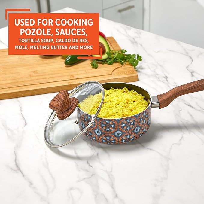 IMUSA 1.5 Quarts Talavera Nonstick Saucepan with Lid, Wood Look and Soft Touch Handle, Ceramic Coated - Image 6