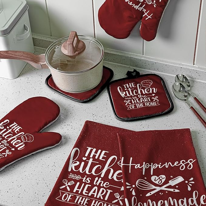 Sratte 6 Pcs Kitchen Decor Accessories Set Farmhouse Towels Pot Holders Oven Mitts Set 2 Dish Towels 2 Potholders 2 Cooking Mittens Oven Glove for Christmas Baking Cooking(Wine Red,Kitchen) - Image 7