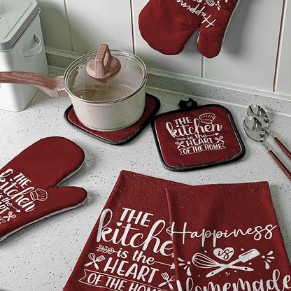 Sratte 6 Pcs Kitchen Decor Accessories Set Farmhouse Towels Pot Holders Oven Mitts Set 2 Dish Towels 2 Potholders 2 Cooking Mittens Oven Glove for Christmas Baking Cooking(Wine Red,Kitchen) - Image 7
