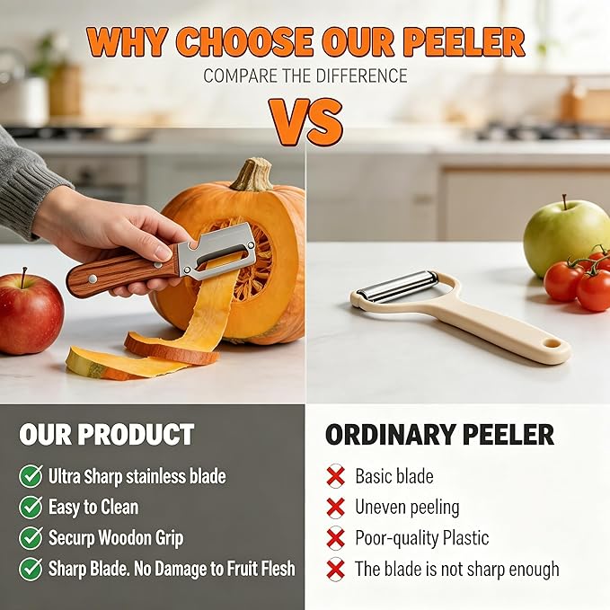 Vegetable Peeler 2 Pack, Multifunctional Stainless Steel Peeler with Wooden Handle and Bottle Opener - 2 in 1 Ultra Sharp Kitchen Tool for Fruit, Veggie, Carrot & Papaya - Image 4