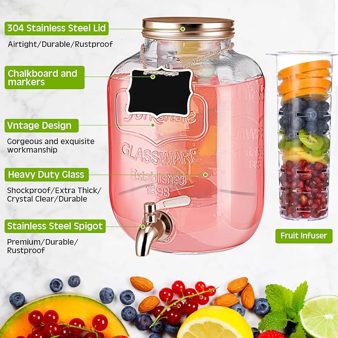 Lallisa 2 Pcs 2 Gallon Glass Drink Dispenser with Stand Ice Cylinder Hanging Chalkboard Signs 18/8 Stainless Steel Spigot Beverage Dispensers for Parties Mason Jar Drink Lemonade (Rose Gold)