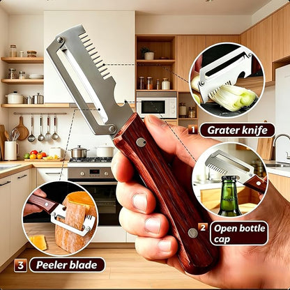 2-Pack Multifunctional Vegetable Peeler, 3 in 1 Kitchen Peeler with Wooden Handle, Grater & Bottle Opener for Potato, Carrot, Apple, Fruit & Vegetable - Image 2