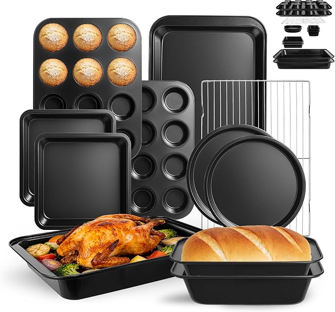 11-Piece Nonstick Baking Pans Set - Professional Grade Carbon Steel Bakeware with Premium Coating- Dishwasher Safe, Stackable, Oven Safe to 450°F (Black) by Unknown