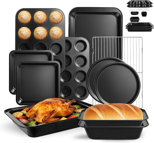 11-Piece Nonstick Baking Pans Set - Professional Grade Carbon Steel Bakeware with Premium Coating- Dishwasher Safe, Stackable, Oven Safe to 450°F (Black) by Unknown