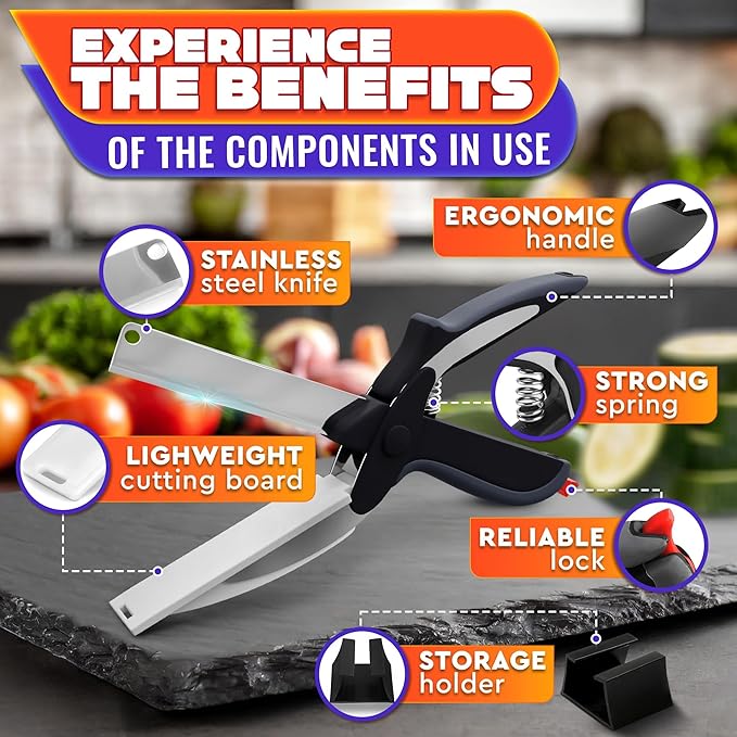 2 in 1 Kitchen Scissors for Food – Stainless Steel Blade & Plastic Cutting Board Scissors with Safety Lock | 9.5" Tomato Knife, Fruit & Vegetable Cutter – Easy-to-Use Kitchen Shears for Meat, Cheese - Image 3