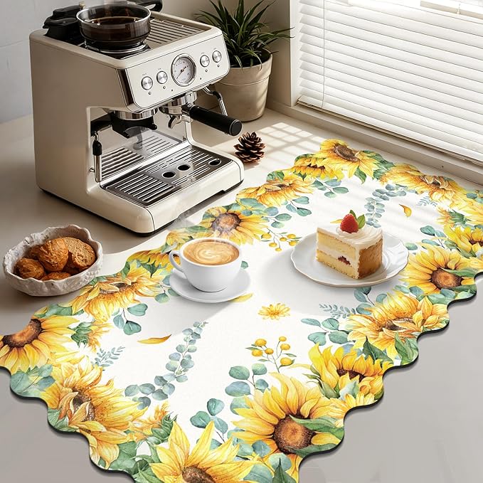LOKHOM Scalloped Floral Dish Drying Mat, 17"x32" Super Absorbent Coffee Mat with Watercolor Yellow Sunflowers, Cuttable Hide Stain Non-slip Drying Mat for Kitchen Counter Coffee Maker Espresso Machine - Image 4