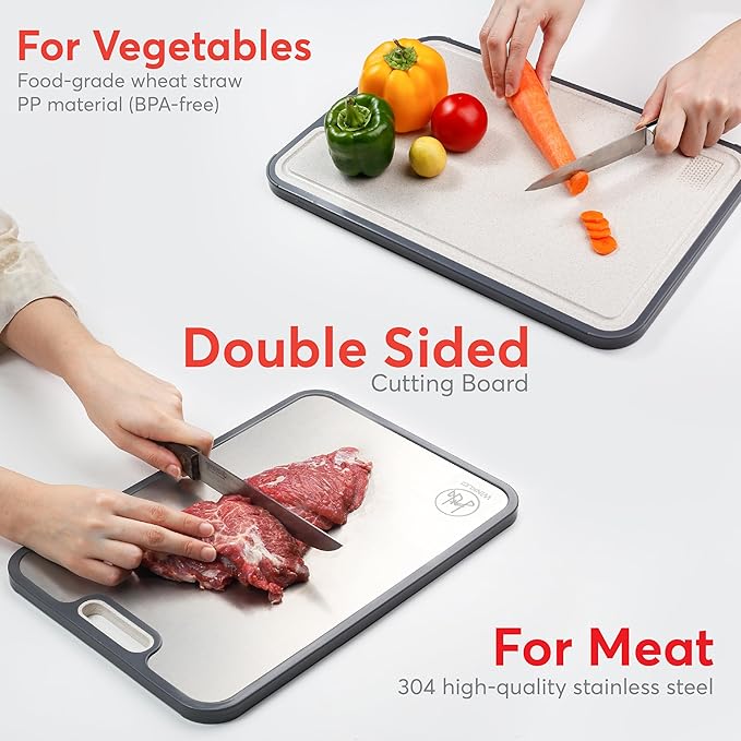 3 in 1 Titanium Cutting Board for Kitchen – Large 16”×11” Double-Sided Food Grade Cutting Board - Pure Titanium and Wheat Straw PP, Non-Slip Base, Built-in Juice Groove & Grinder, Easy to Clean