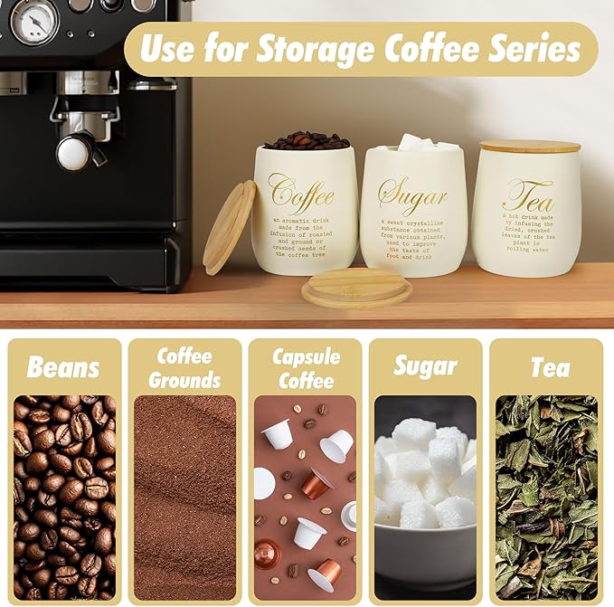 Coffee Tea Sugar Container Set of 3,Farmhouse Storage Containers Jars,Airtight Metal Kitchen Canister Set with Bamboo Lids for Kitchen Counter Dining Room (Metal, 1)
