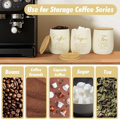 Coffee Tea Sugar Container Set of 3,Farmhouse Storage Containers Jars,Airtight Metal Kitchen Canister Set with Bamboo Lids for Kitchen Counter Dining Room (Metal, 1)