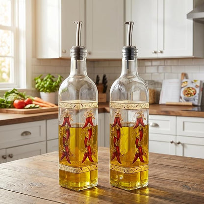 Topadorn 17 oz Olive Oil Dispenser Bottle Set for Kitchen, 2 Pcs Glass Oil Dispenser Bottle with Stainless Steel Pourers, 2 Packs of Napkins, Chili