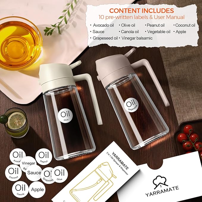 YARRAMATE 16oz/470ml Glass Olive Oil Sprayer for Cooking with Stickers, 2 in 1 Oil Dispenser for Kitchen Gadgets, Food Grade Premium Spray Bottle for Salad, Frying, BBQ (LotusRootPink) - Image 4