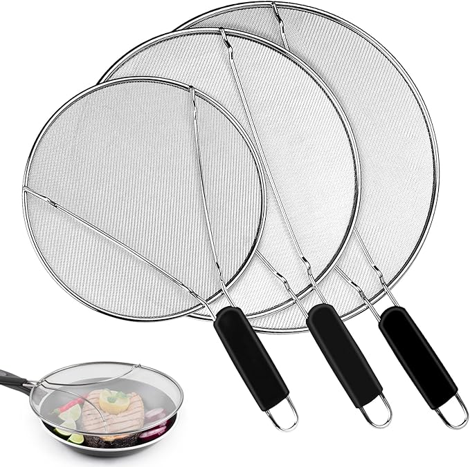 Splatter Screen for Frying Pan - 9.8" 11.4" 13" Stainless Steel Fine Mesh Grease Splatter Guard with Silicone Handle, Hot Oil Splash Guard for Cooking to Prevent Oil Splatter, Safe Cooking by NONLEY