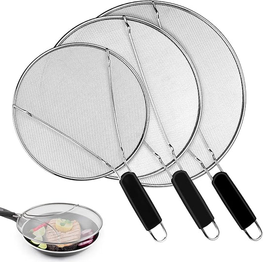 Splatter Screen for Frying Pan - 9.8" 11.4" 13" Stainless Steel Fine Mesh Grease Splatter Guard with Silicone Handle, Hot Oil Splash Guard for Cooking to Prevent Oil Splatter, Safe Cooking by NONLEY