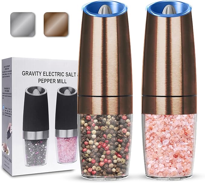 UNNEES Gravity Electric Salt and Pepper Grinder set of 2, Automatic Salt And Pepper Grinder Set, Adjustable Roughness, Battery Powered, LED Light, 2 Pack, (Copper) by UNNEES