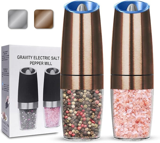 UNNEES Gravity Electric Salt and Pepper Grinder set of 2, Automatic Salt And Pepper Grinder Set, Adjustable Roughness, Battery Powered, LED Light, 2 Pack, (Copper) by UNNEES