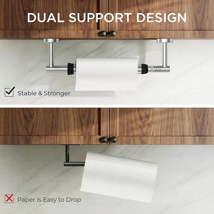 FORIOUS Paper Towel Holder Under Cabinet, SUS304 Wall Mounted Commercial Paper Towel Holder, One-Handed Tear Hanging Paper Roll Holder with Ratchet Mechanism for Kitchen Bathroom (Brushed Nickel)