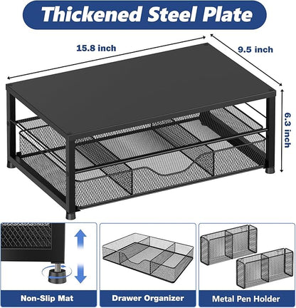 OPNICE Desk Organizer and Accessories, 2-Tier Computer Monitor Stand Riser with Drawer and 2 Pen Holders, Laptop Stand, Office Desk Accessories for Office Supplies, Black 2-Pack - Image 7