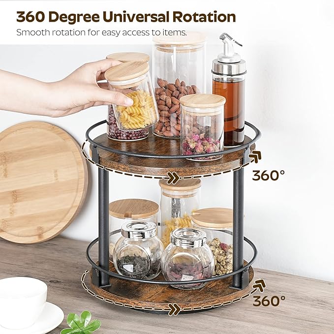 YATINEY Lazy Susan Organizer, Rotating Spice Rack, 2 Tier Spice Turntable Organizer, Industrial Turntable Spice Holder, for Kitchen Countertop and Cabinet, Compact and Versatile, Rustic Brown SR22BR - Image 3