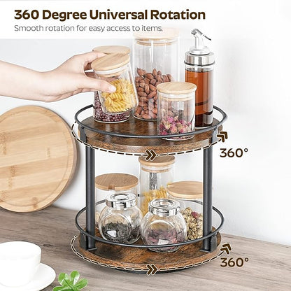 YATINEY Lazy Susan Organizer, Rotating Spice Rack, 2 Tier Spice Turntable Organizer, Industrial Turntable Spice Holder, for Kitchen Countertop and Cabinet, Compact and Versatile, Rustic Brown SR22BR - Image 3