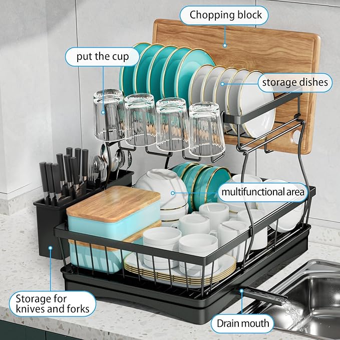 7 code Large Dish Drying Rack for Kitchen Counter, Detachable Large Capacity Dish Drainer Organizer, 2-Tier Dish Racks with Utensil Holder, Black - Image 5