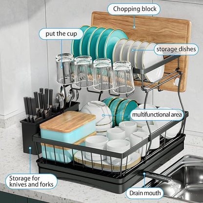 7 code Large Dish Drying Rack for Kitchen Counter, Detachable Large Capacity Dish Drainer Organizer, 2-Tier Dish Racks with Utensil Holder, Black - Image 5