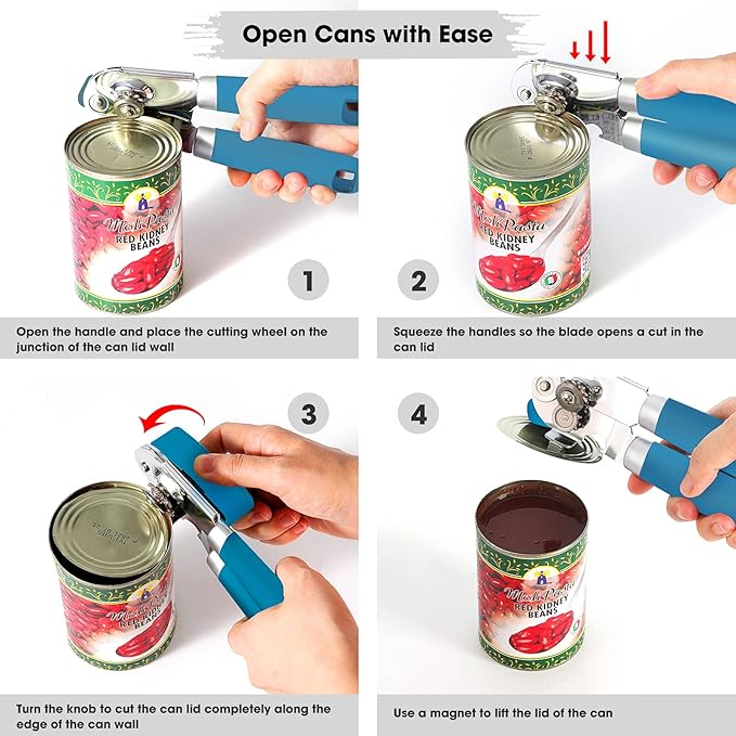 Beneno Heavy Duty Hand Can Opener Manual with Magnet, Durable Sharp Carbon Steel Blade Smooth Cutting, Big Effort-Saving Knob & Soft Grip Handle, Multifunctional Kitchen Tool with Bottle Opener, Aqua - Image 4