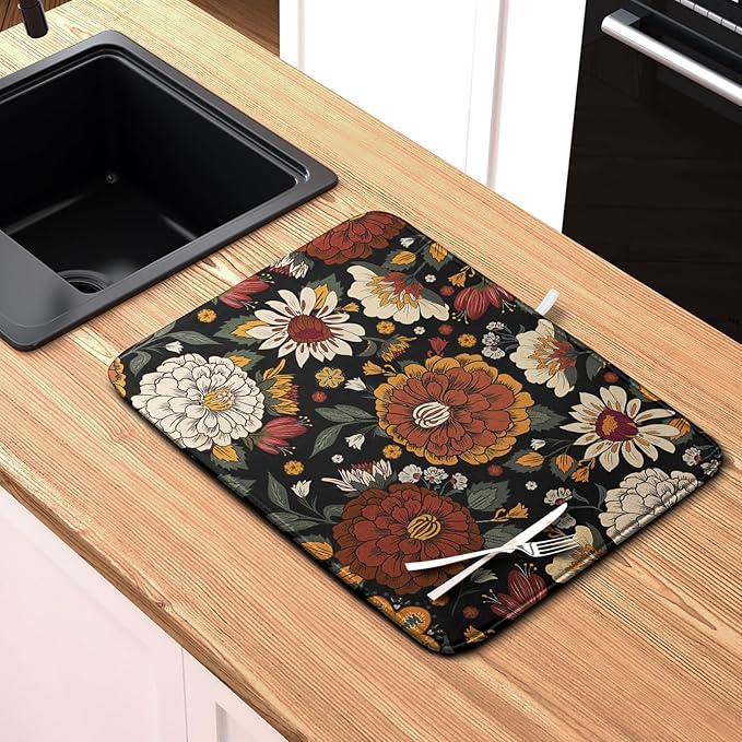 Vintage Floral Dish Drying Mat for Kitchen Counter Retro Sunflower Floral Absorbent Microfiber Dry Dish Mat Reversible Washable Dish Drainer Rack Mat 16x18 Inch - Image 6