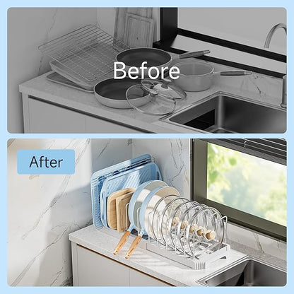 MUDEELA Pot Lid Organizer Rack for Cabinet, Expandable Pots and Pans Organizer under Cabinet with 12 Adjustable Dividers, Pan Organizers Holder inside Cabinet for Cutting Boards, Baking Sheets, White - Image 5