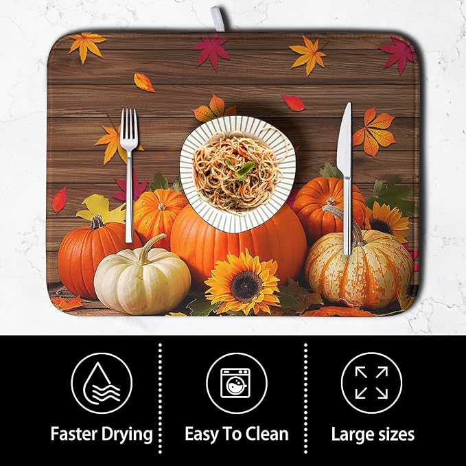 AutumnThanksgiving Pumpkin Dish Drying Mat for Kitchen Counter 16x18 Inch Fall Sunflowers Maple Leaves Harvest Kitchen Drying Mat Microfiber Super Absorbent Dish Rack Drainer Mat with Hanging Loop - Image 4