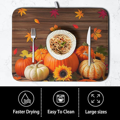 AutumnThanksgiving Pumpkin Dish Drying Mat for Kitchen Counter 16x18 Inch Fall Sunflowers Maple Leaves Harvest Kitchen Drying Mat Microfiber Super Absorbent Dish Rack Drainer Mat with Hanging Loop - Image 4