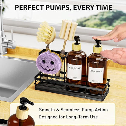 Moforoco Kitchen Dish Soap Dispenser Set, 16OZ Glass Bottle, Hand and Dish Soap Dispenser Set, Instant Dry Tray, Brush Holder with Smiley Face Sponge Holder (Black Tray+Amber Bottle+Labels) - Image 3