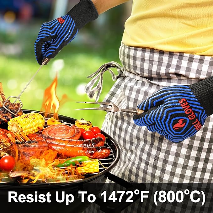 QUWIN BBQ Gloves, Oven Gloves 1472℉ Extreme Heat Resistant, Grilling Gloves Silicone Non-Slip Oven Mitts, Kitchen Gloves for BBQ, Grilling, Cooking, Baking-1 Pair (One Size Fits Most, Black/Blue) - Image 3