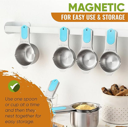 Spring Chef Magnetic Measuring Cups & Spoons Set, Patented, Strong Magnets, Heavy Duty Stainless Steel Fits in Spice Jars for Baking & Cooking, BPA Free, Round Set of 15 with Leveler, Aqua Sky - Image 4